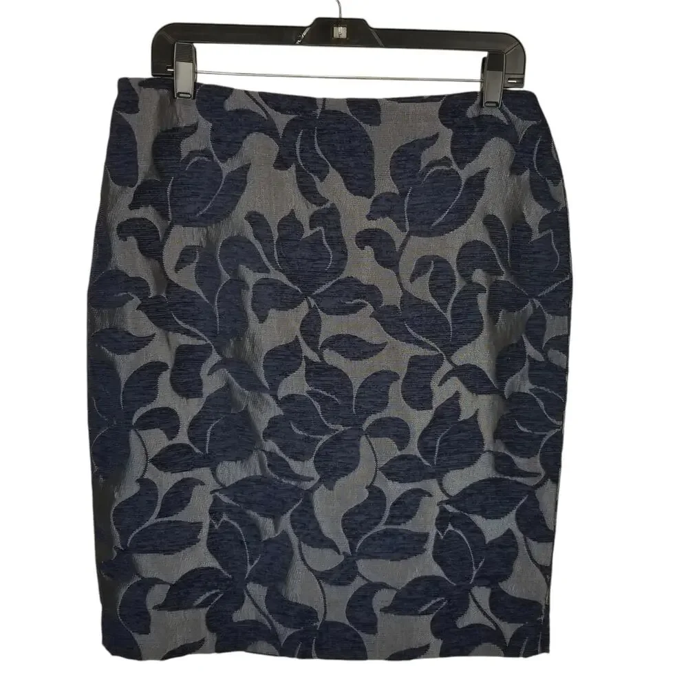 Ann Taylor Navy and Gray Leaf-Print Pencil Skirt